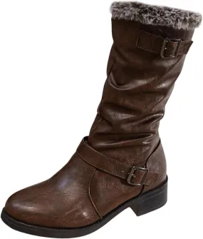 Snow Boots for Women Waterproof Leather Knee High Boots Winter Fully Fur Lined Wide Calf Cowboy Boots