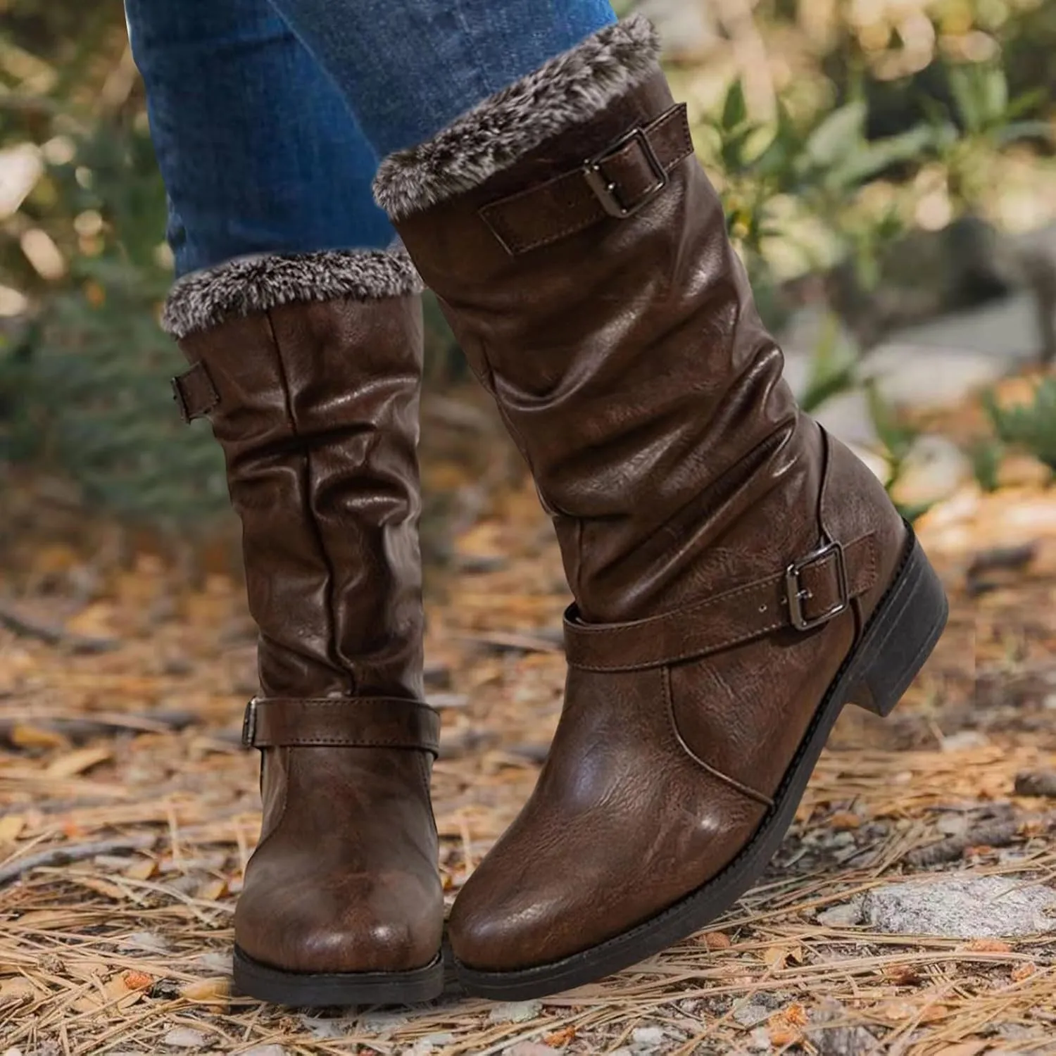 Snow Boots for Women Waterproof Leather Knee High Boots Winter Fully Fur Lined Wide Calf Cowboy Boots