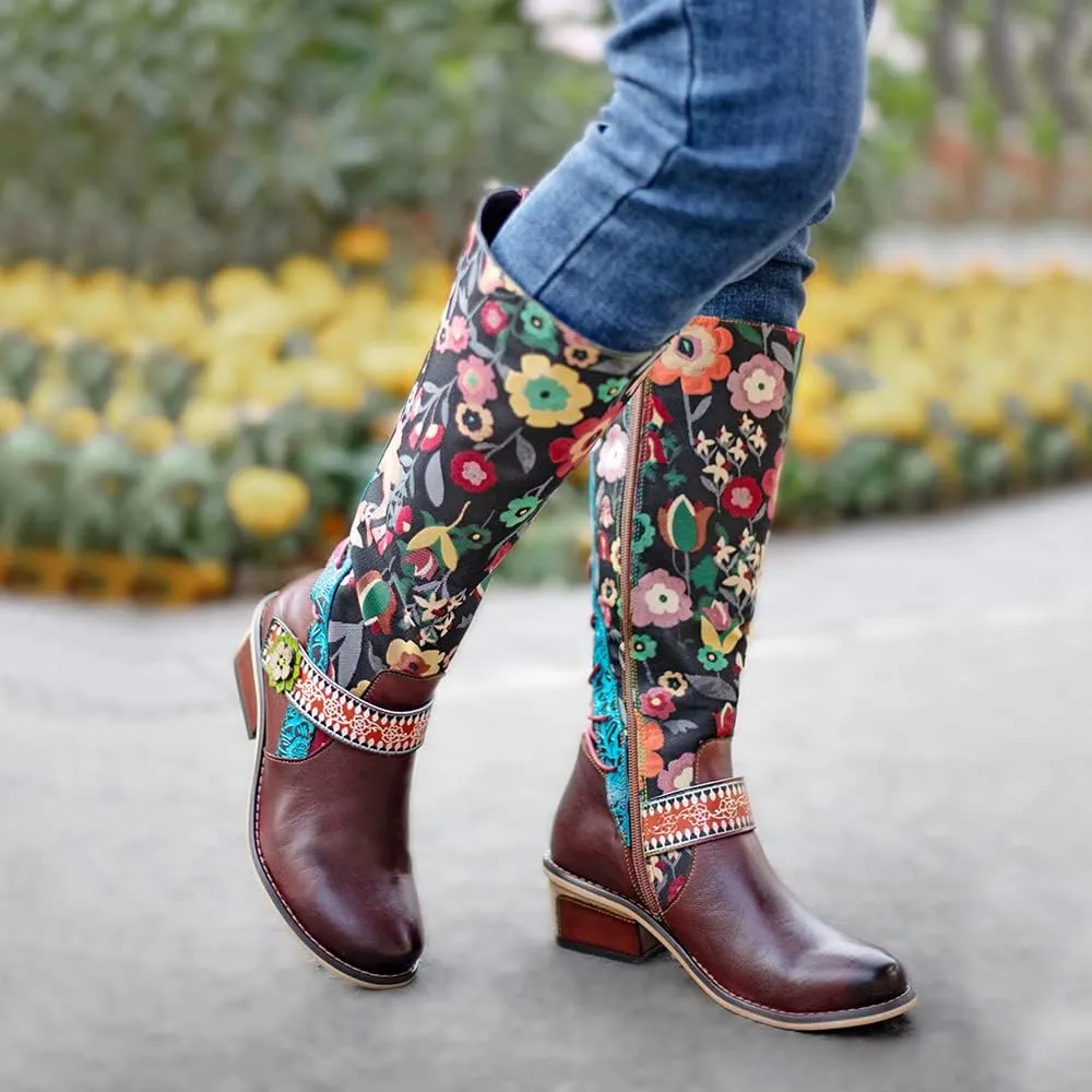 Socofy Womens Leather Knee Long Block Heels Boots, Vintage Long Boots Handmade Bohemian Boots Fur Lined Winter Snow Boots Cowgirls Wide Calf Splicing Pattern Anti Slip Walking Boots for Party Wedding