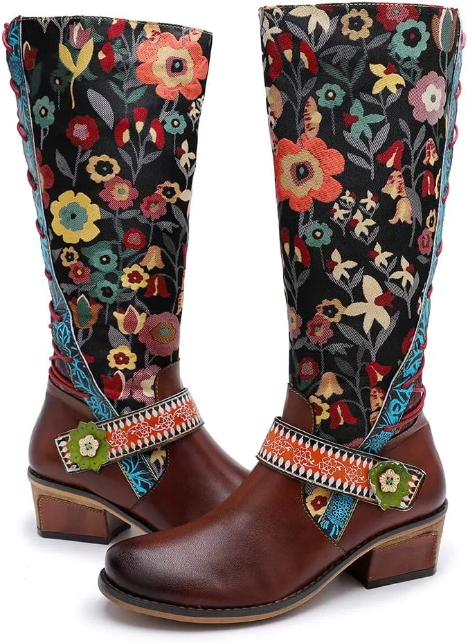 Socofy Womens Leather Knee Long Block Heels Boots, Vintage Long Boots Handmade Bohemian Boots Fur Lined Winter Snow Boots Cowgirls Wide Calf Splicing Pattern Anti Slip Walking Boots for Party Wedding