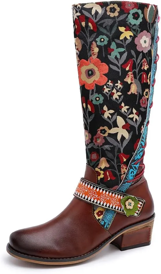 Socofy Womens Leather Knee Long Block Heels Boots, Vintage Long Boots Handmade Bohemian Boots Fur Lined Winter Snow Boots Cowgirls Wide Calf Splicing Pattern Anti Slip Walking Boots for Party Wedding