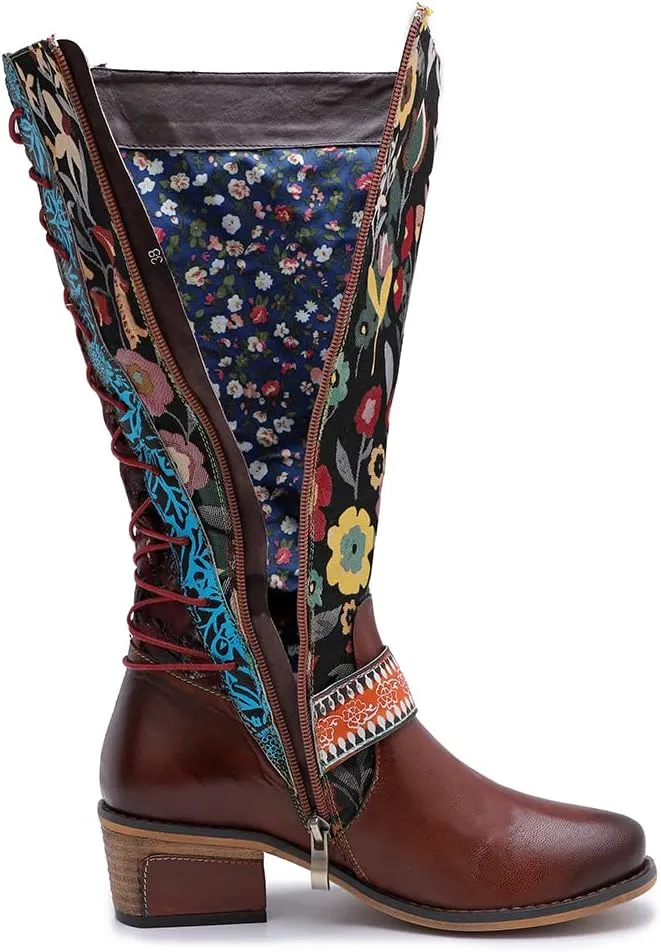 Socofy Womens Leather Knee Long Block Heels Boots, Vintage Long Boots Handmade Bohemian Boots Fur Lined Winter Snow Boots Cowgirls Wide Calf Splicing Pattern Anti Slip Walking Boots for Party Wedding