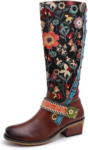 Socofy Womens Leather Knee Long Block Heels Boots, Vintage Long Boots Handmade Bohemian Boots Fur Lined Winter Snow Boots Cowgirls Wide Calf Splicing Pattern Anti Slip Walking Boots for Party Wedding