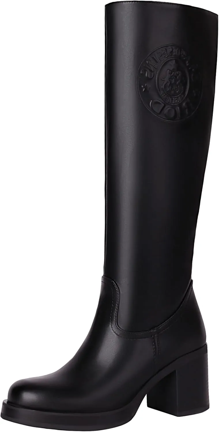 vivianly Women's Knee High Boots Round Toe Block Heel Long Boot with Zipper