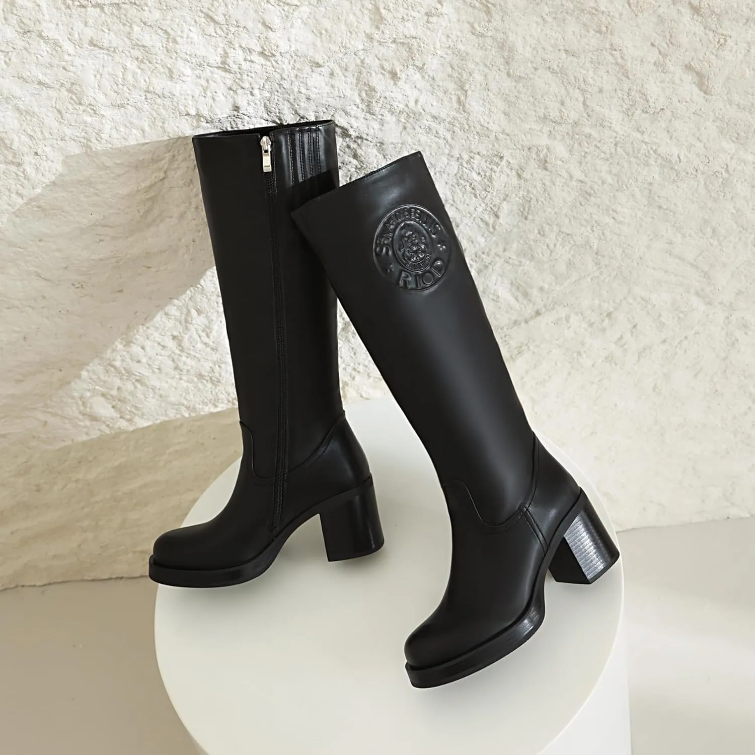 vivianly Women's Knee High Boots Round Toe Block Heel Long Boot with Zipper