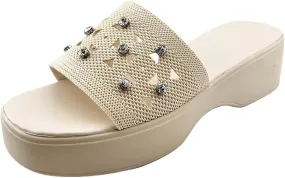 Women Platform Sandals Comfort Lightweight Ultra Cushion Slides Slippers Fashion Bling Rhinestone Jeweled Shoes Knit Summer Vacation Sandal for Beach,Garden,Pool,Easy Street