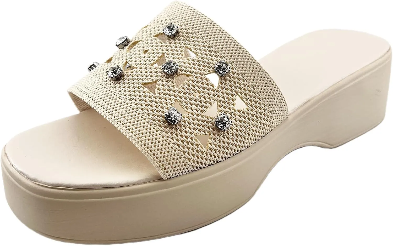 Women Platform Sandals Comfort Lightweight Ultra Cushion Slides Slippers Fashion Bling Rhinestone Jeweled Shoes Knit Summer Vacation Sandal for Beach,Garden,Pool,Easy Street