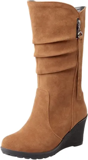 Women's Mid Calf Boots Wedge Platform Boots Suede Round Toe Boots Lace up Ankle Boots Tassel High Heel Dress Boots