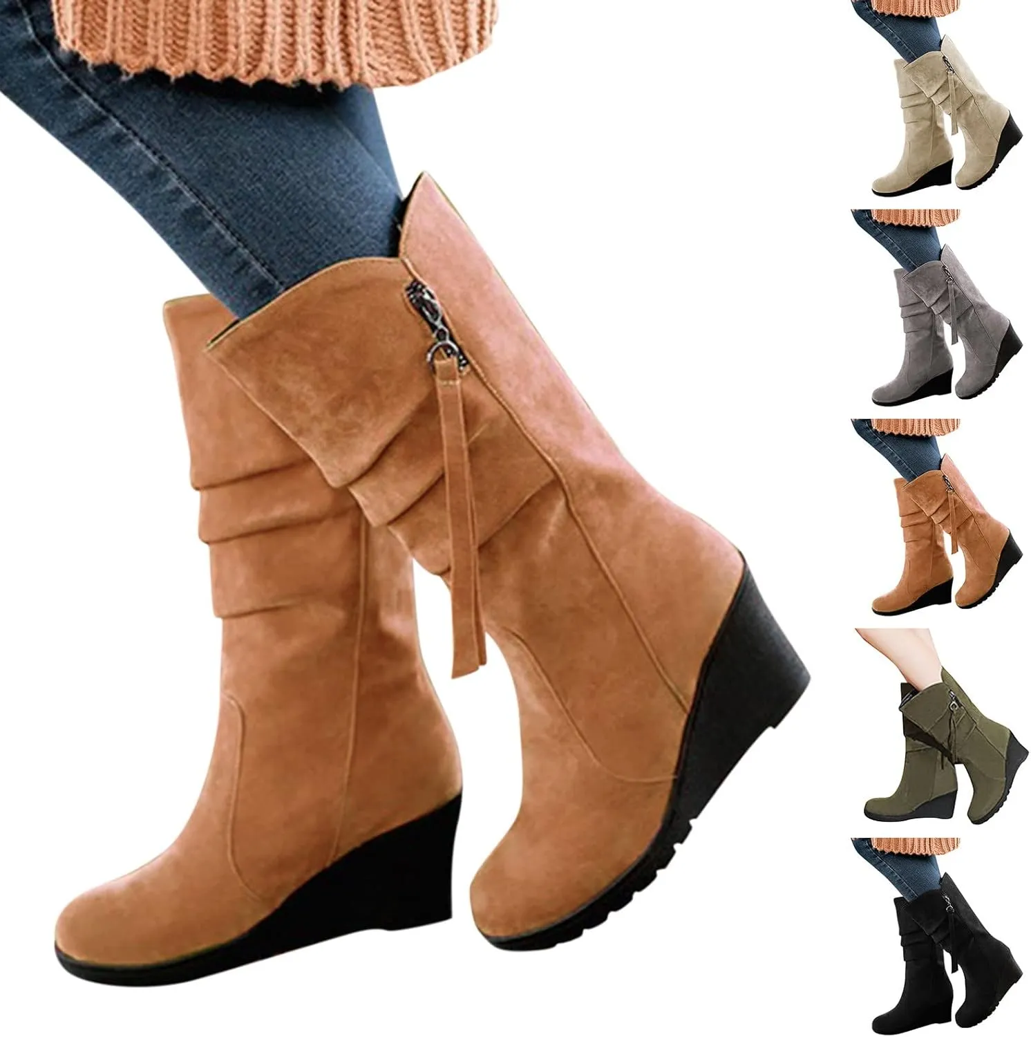 Women's Mid Calf Boots Wedge Platform Boots Suede Round Toe Boots Lace up Ankle Boots Tassel High Heel Dress Boots