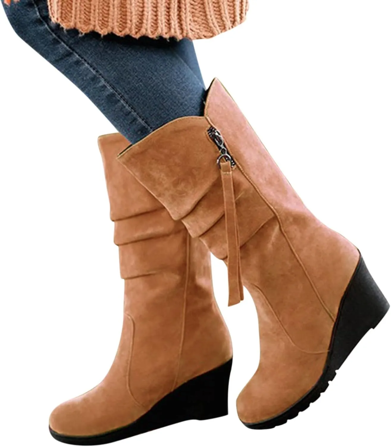Women's Mid Calf Boots Wedge Platform Boots Suede Round Toe Boots Lace up Ankle Boots Tassel High Heel Dress Boots