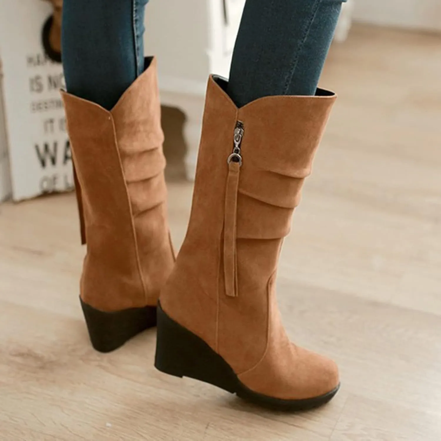 Women's Mid Calf Boots Wedge Platform Boots Suede Round Toe Boots Lace up Ankle Boots Tassel High Heel Dress Boots