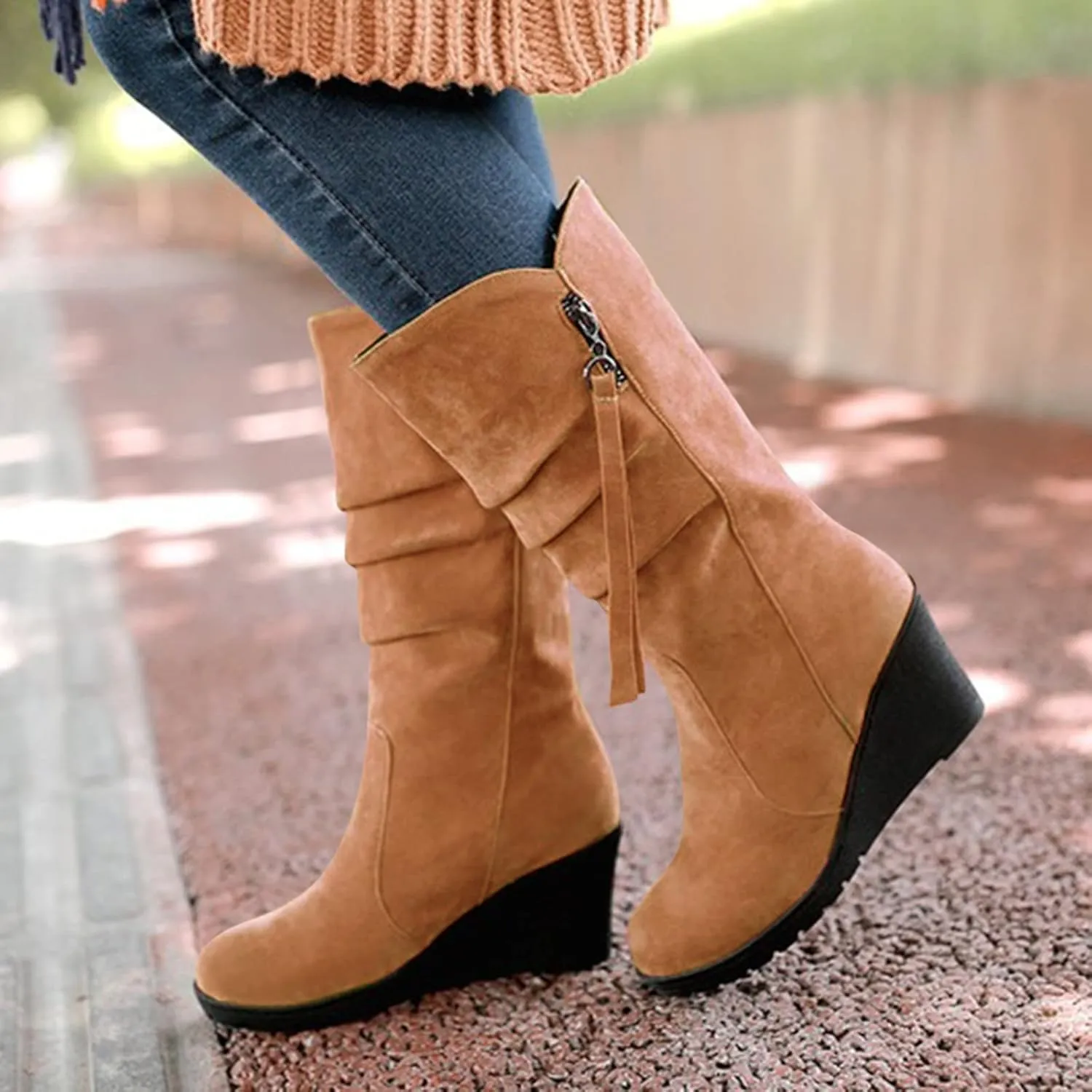 Women's Mid Calf Boots Wedge Platform Boots Suede Round Toe Boots Lace up Ankle Boots Tassel High Heel Dress Boots