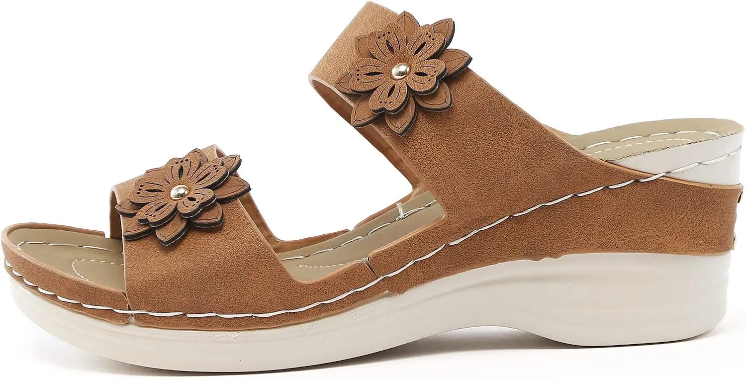 Women's Wedge Sandals Bohemian with Flower Pattern High Heel Stylish Lightweight 2025 Summer Comfortable Shoe